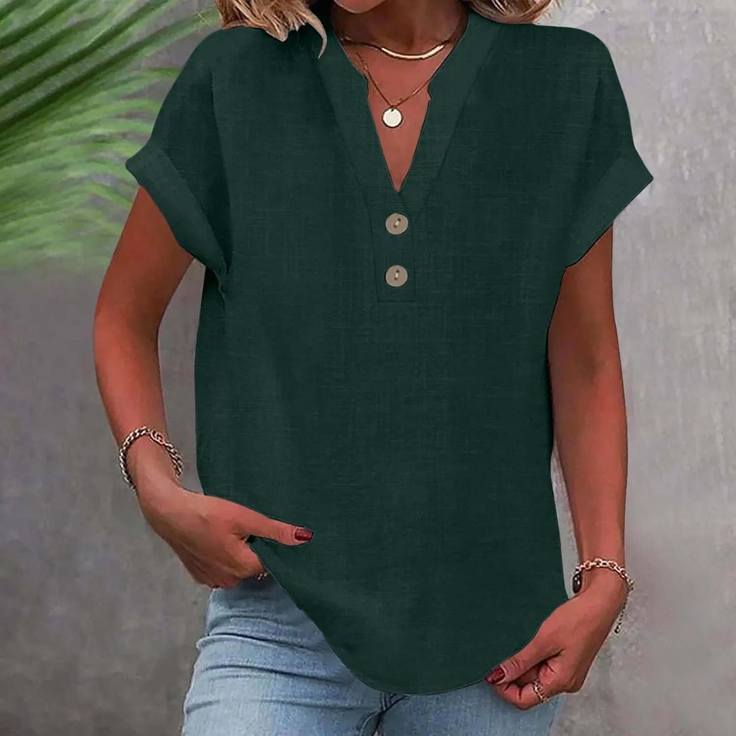 Cotton Linen Shirt for Women 2025 Trendy Short Sleeve Summer Blouse Button Down V Neck Tops Casual Vacation Tee Shirts