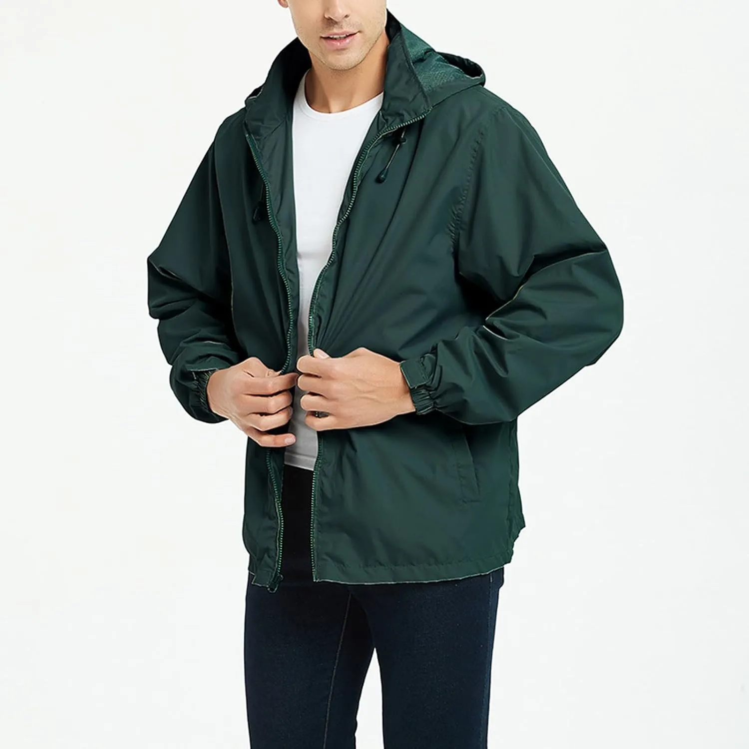 CRNTCEM Mens Waterproof Windbreaker Rain Jacket Lightweight Full Zip Water-Resistant Outdoor Running Hiking Hoodie Jackets