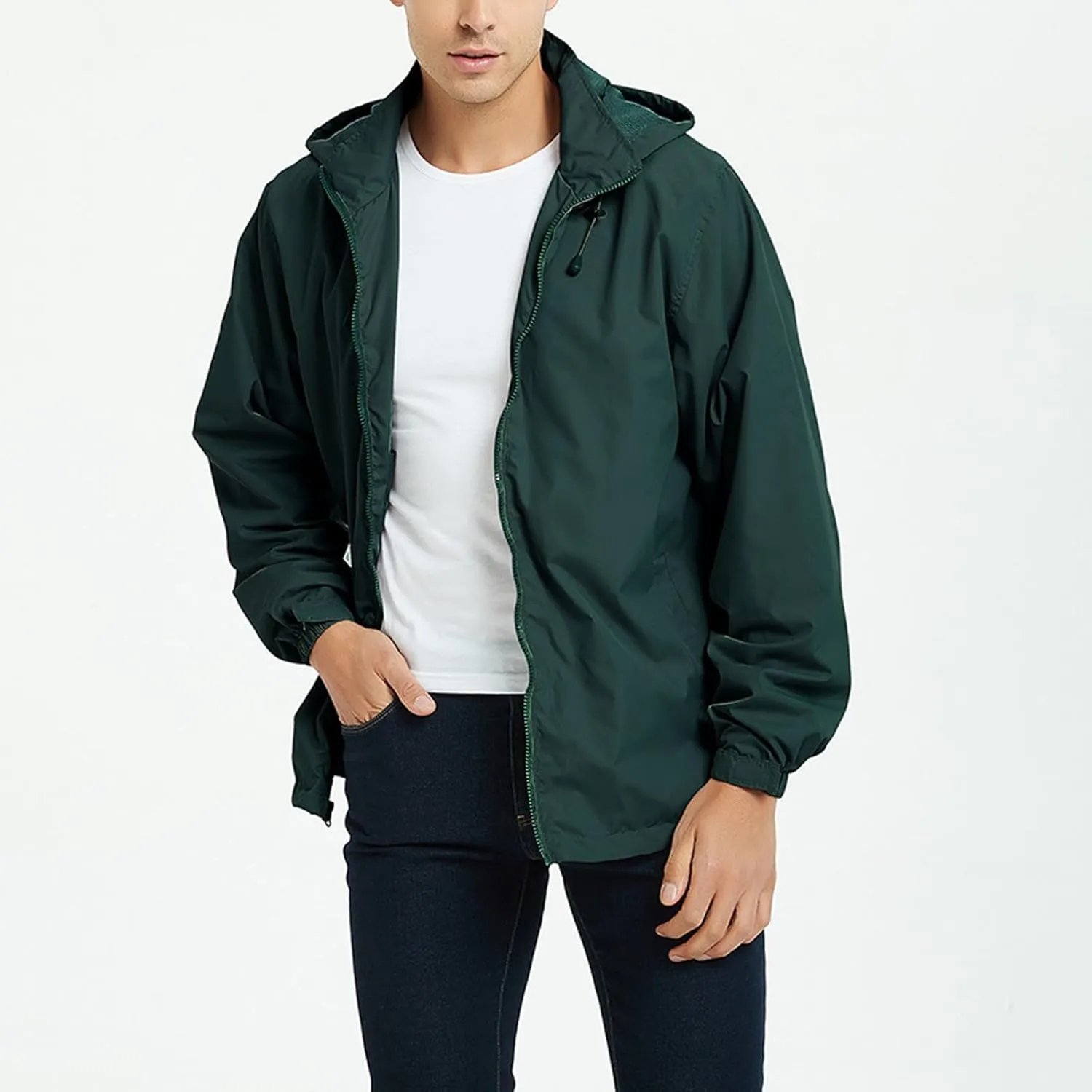 CRNTCEM Mens Waterproof Windbreaker Rain Jacket Lightweight Full Zip Water-Resistant Outdoor Running Hiking Hoodie Jackets
