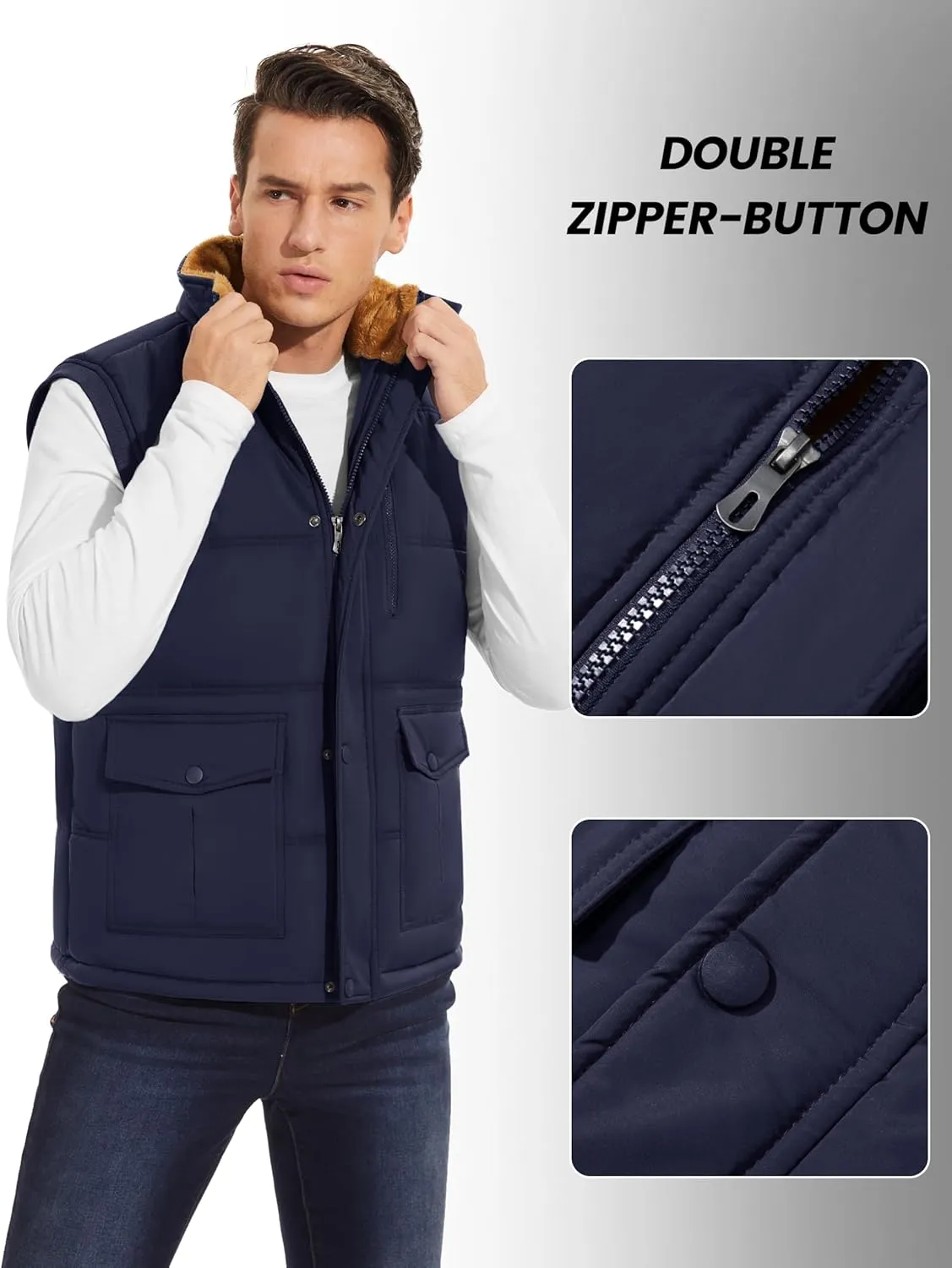 CRYSULLY Men's Winter Outerwear Vests Fleece Lined Sleeveless Jackets Warm Quilted Puffer Vest Casual Sherpa Outdoor Vest