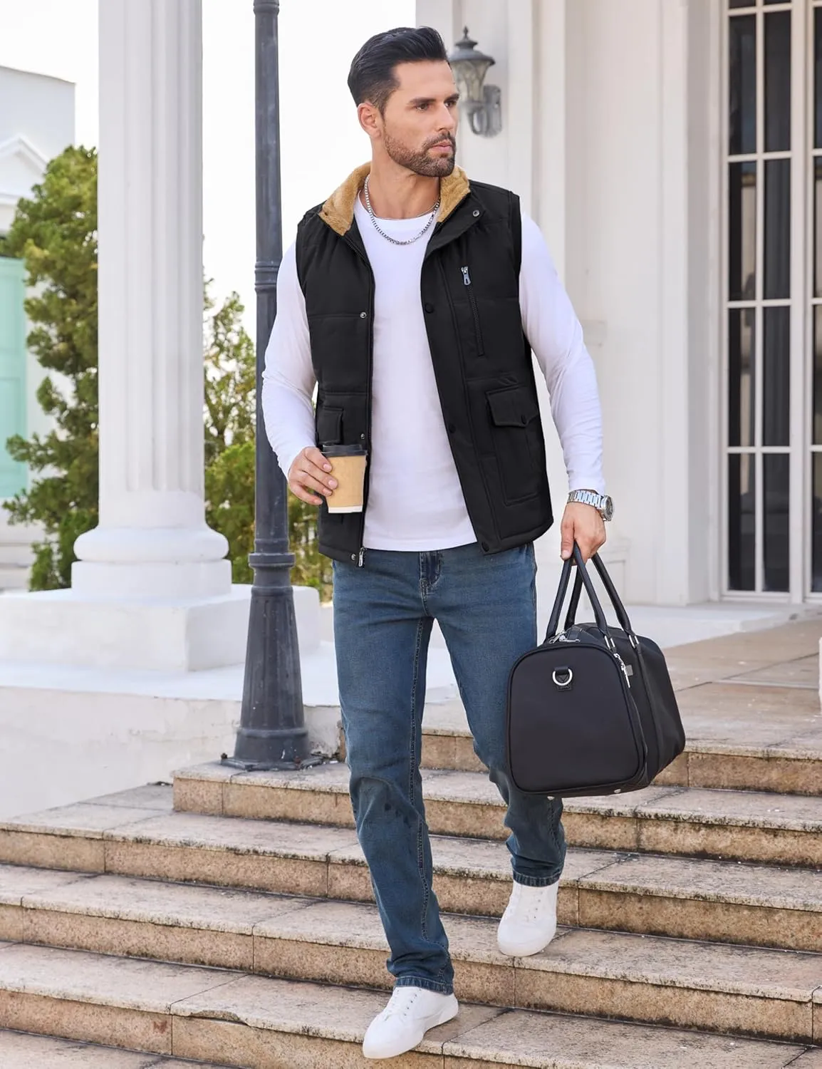 CRYSULLY Men's Winter Outerwear Vests Fleece Lined Sleeveless Jackets Warm Quilted Puffer Vest Casual Sherpa Outdoor Vest