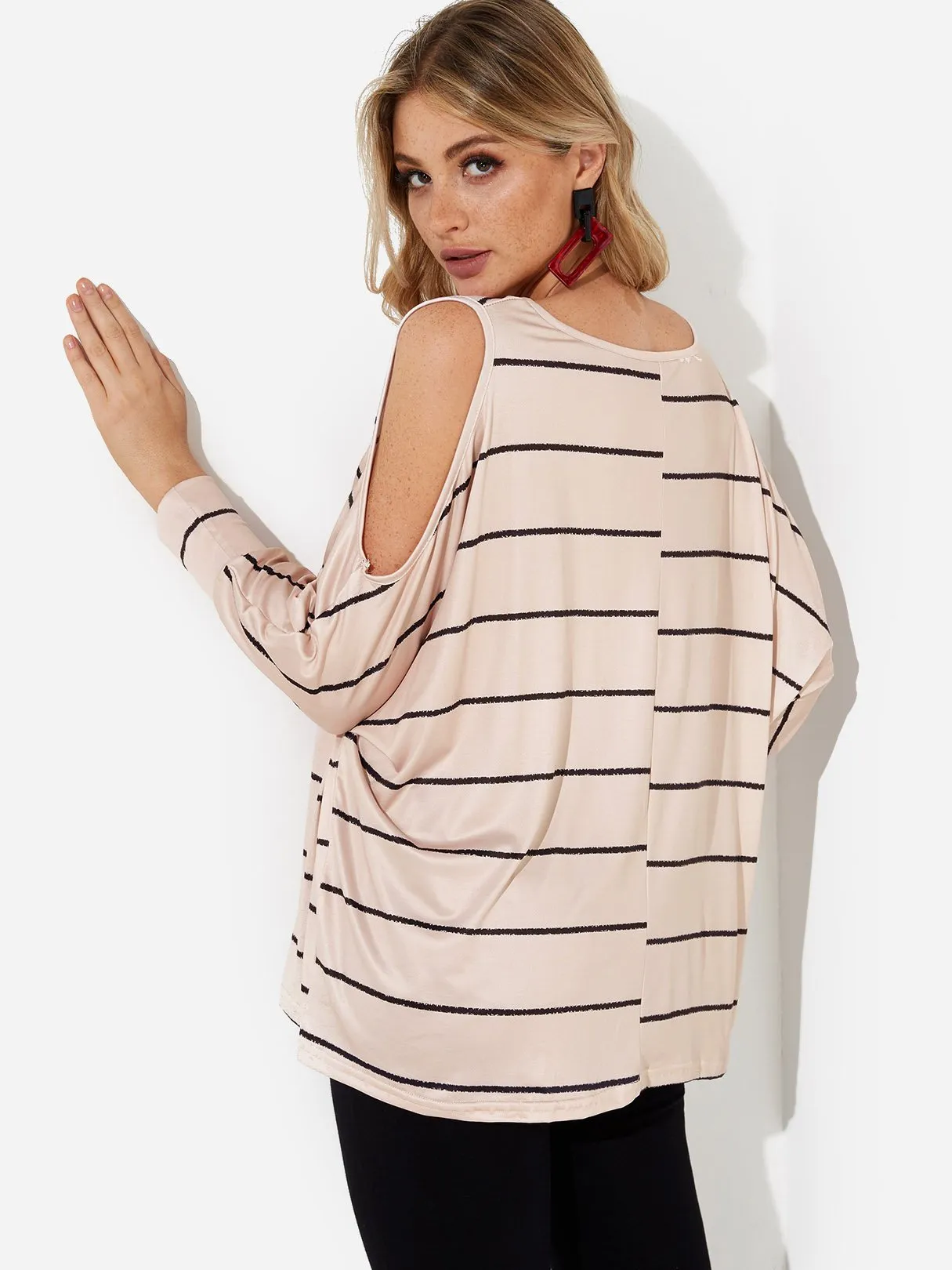 Custom Crew Neck Cold Shoulder Stripe Cut Out Long Sleeve Top