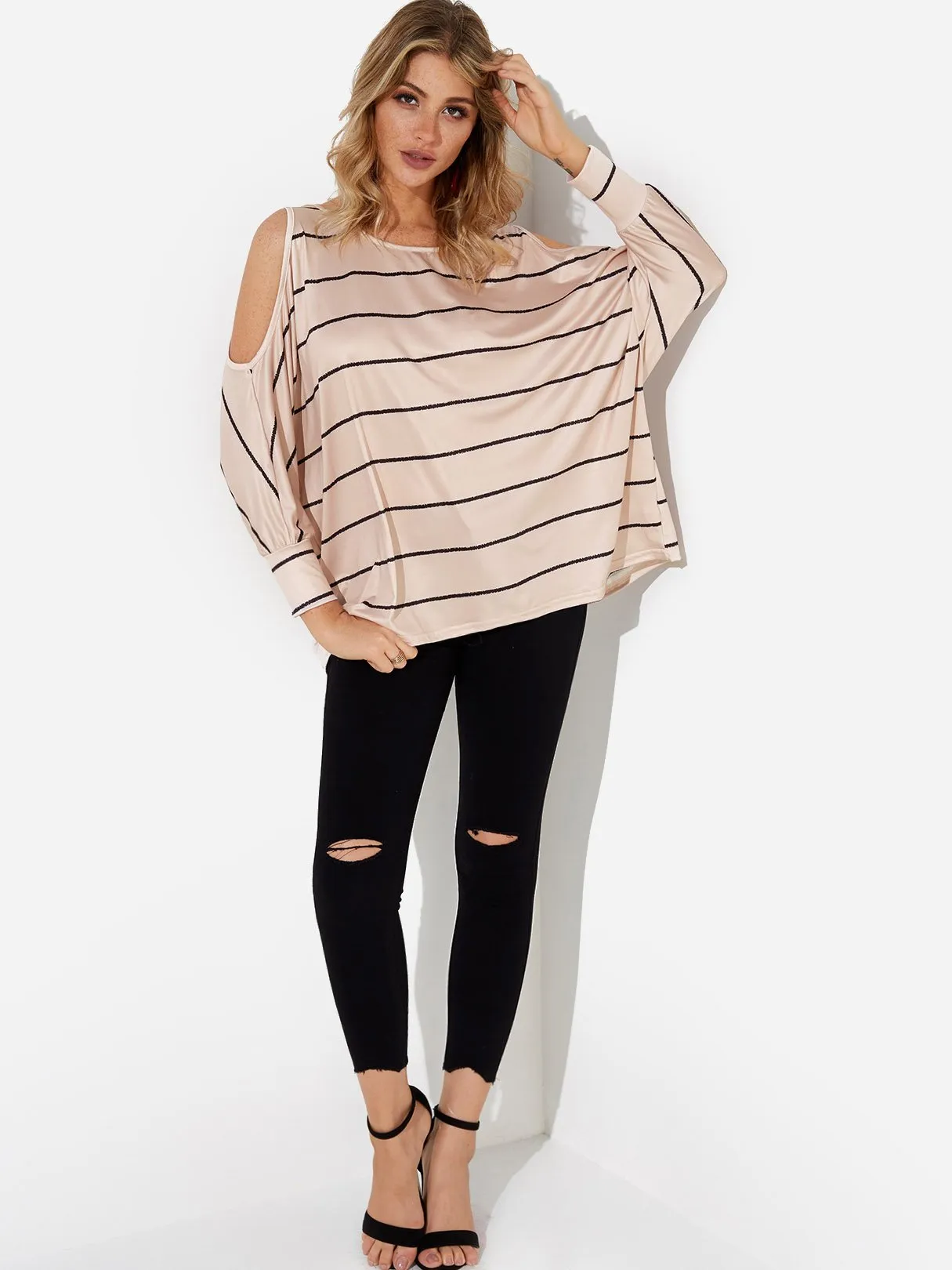 Custom Crew Neck Cold Shoulder Stripe Cut Out Long Sleeve Top