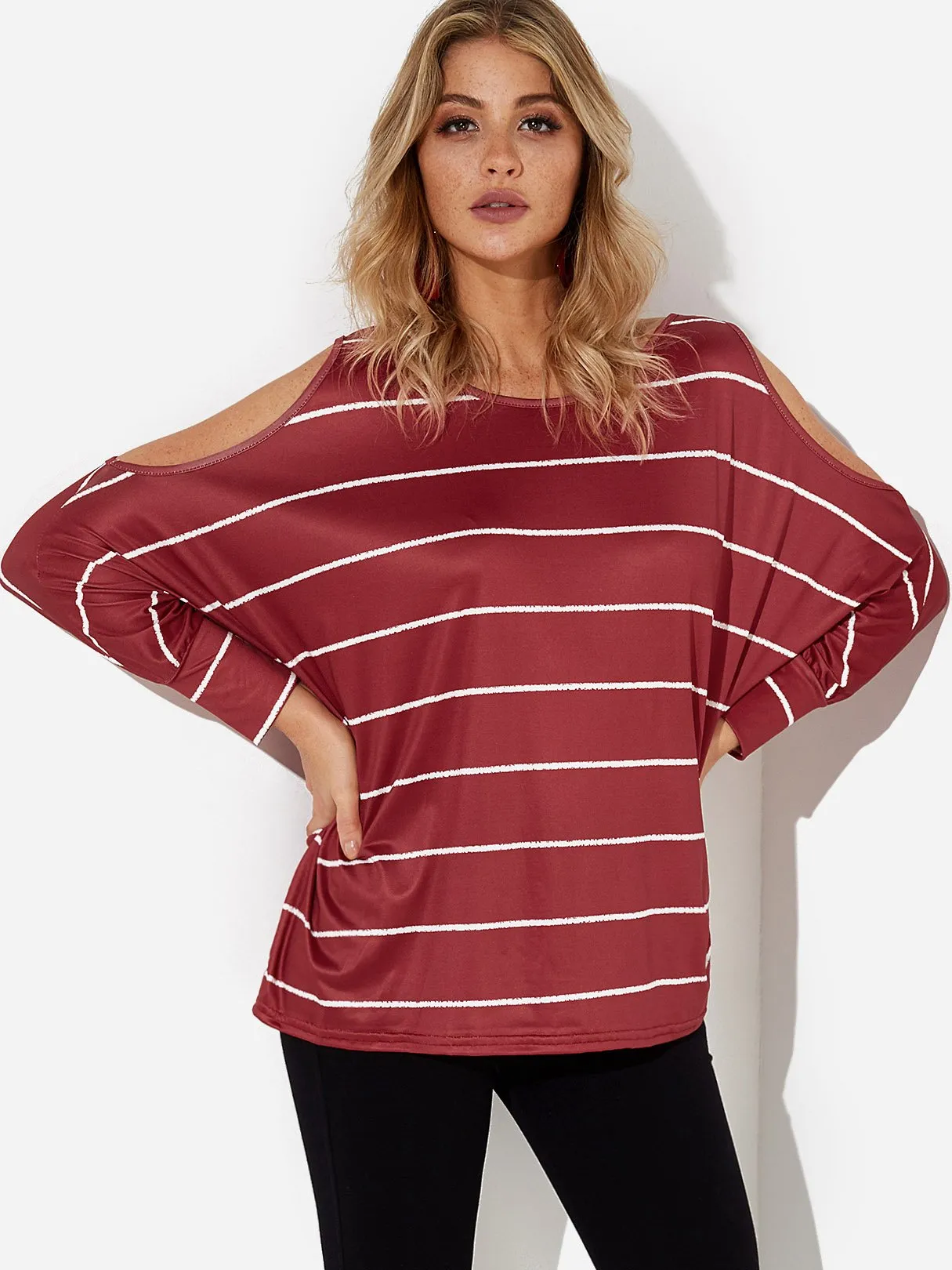 Custom Crew Neck Cold Shoulder Stripe Cut Out Long Sleeve Top