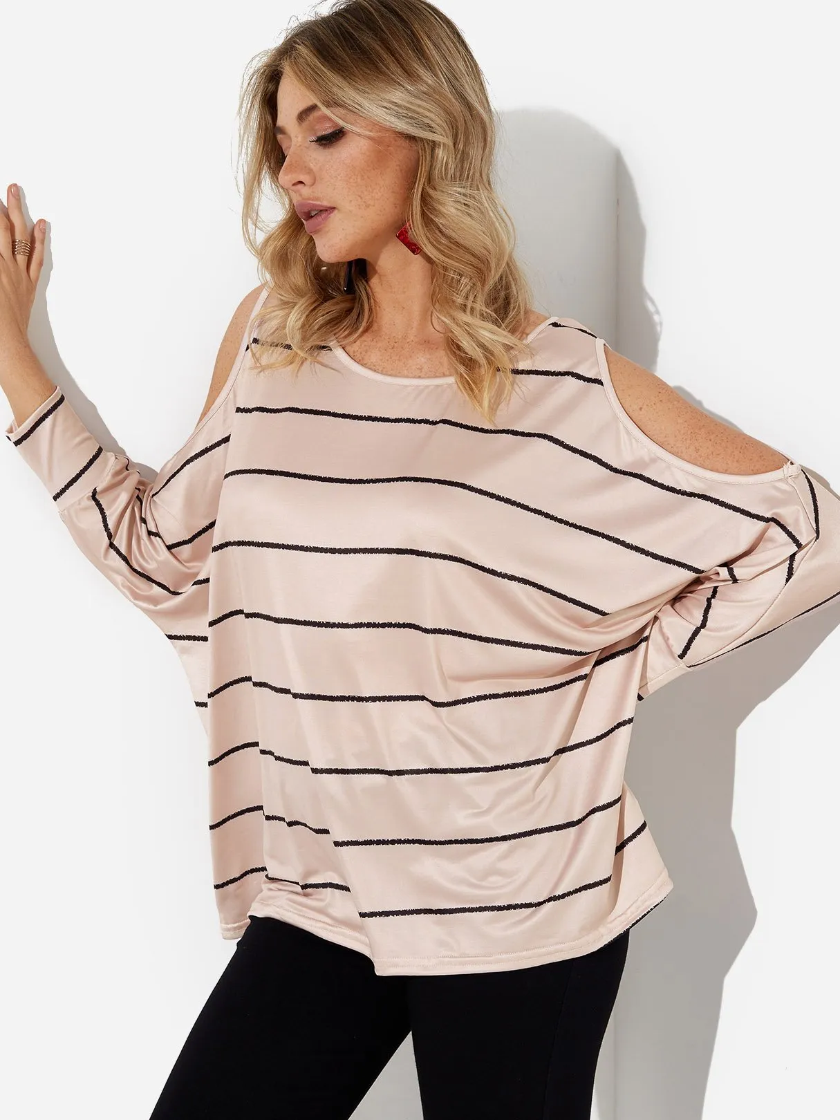 Custom Crew Neck Cold Shoulder Stripe Cut Out Long Sleeve Top