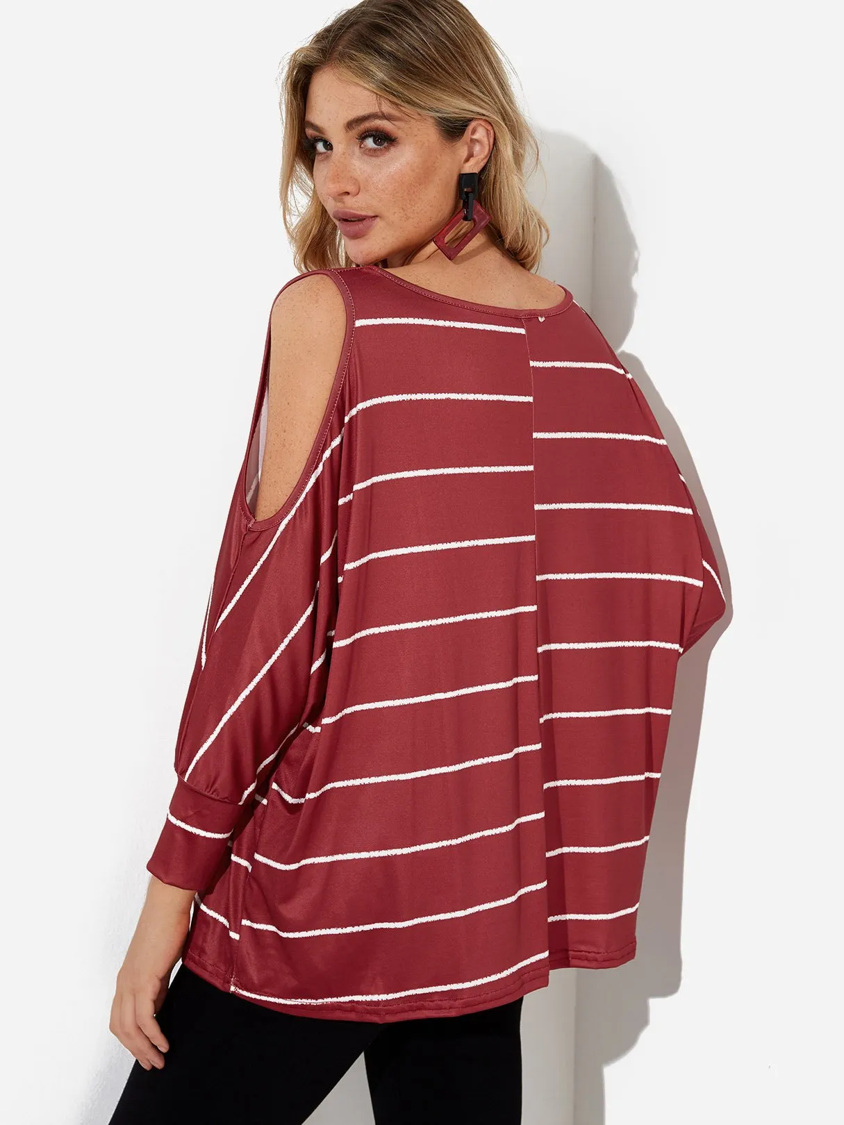 Custom Crew Neck Cold Shoulder Stripe Cut Out Long Sleeve Top
