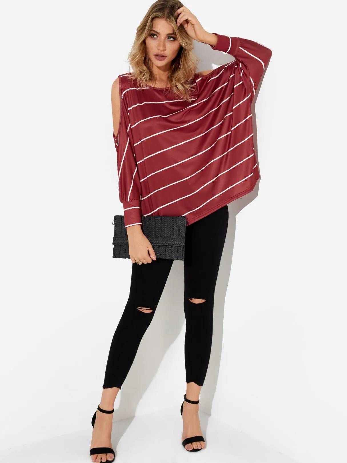 Custom Crew Neck Cold Shoulder Stripe Cut Out Long Sleeve Top