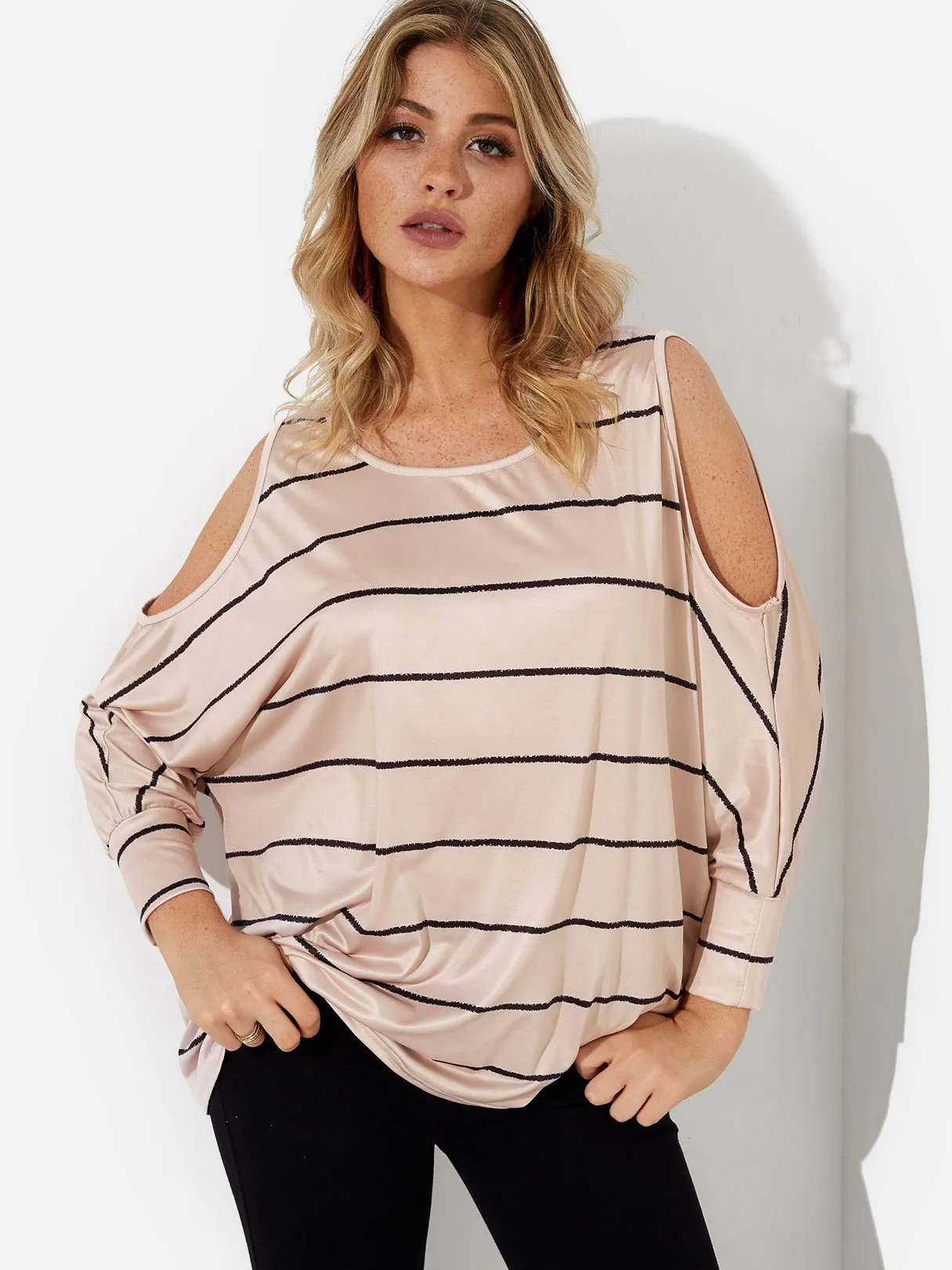 Custom Crew Neck Cold Shoulder Stripe Cut Out Long Sleeve Top