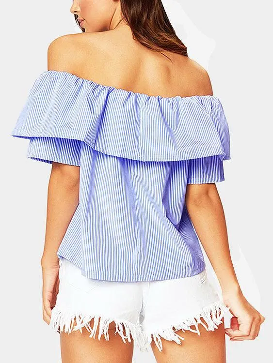 Custom Off The Shoulder Stripe Embroidered Short Sleeve Blue Top