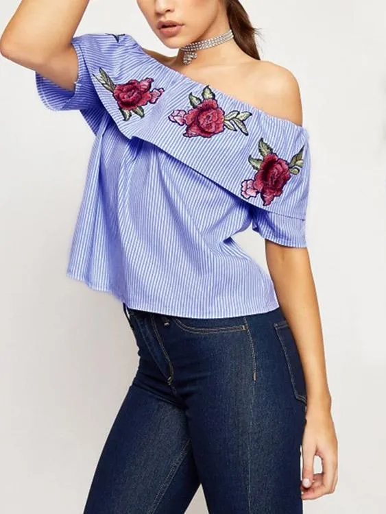 Custom Off The Shoulder Stripe Embroidered Short Sleeve Blue Top