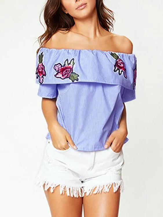 Custom Off The Shoulder Stripe Embroidered Short Sleeve Blue Top