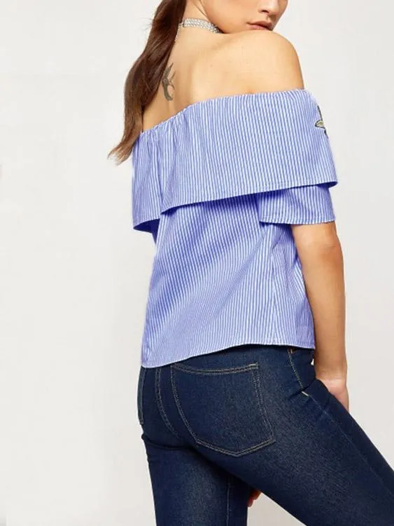 Custom Off The Shoulder Stripe Embroidered Short Sleeve Blue Top