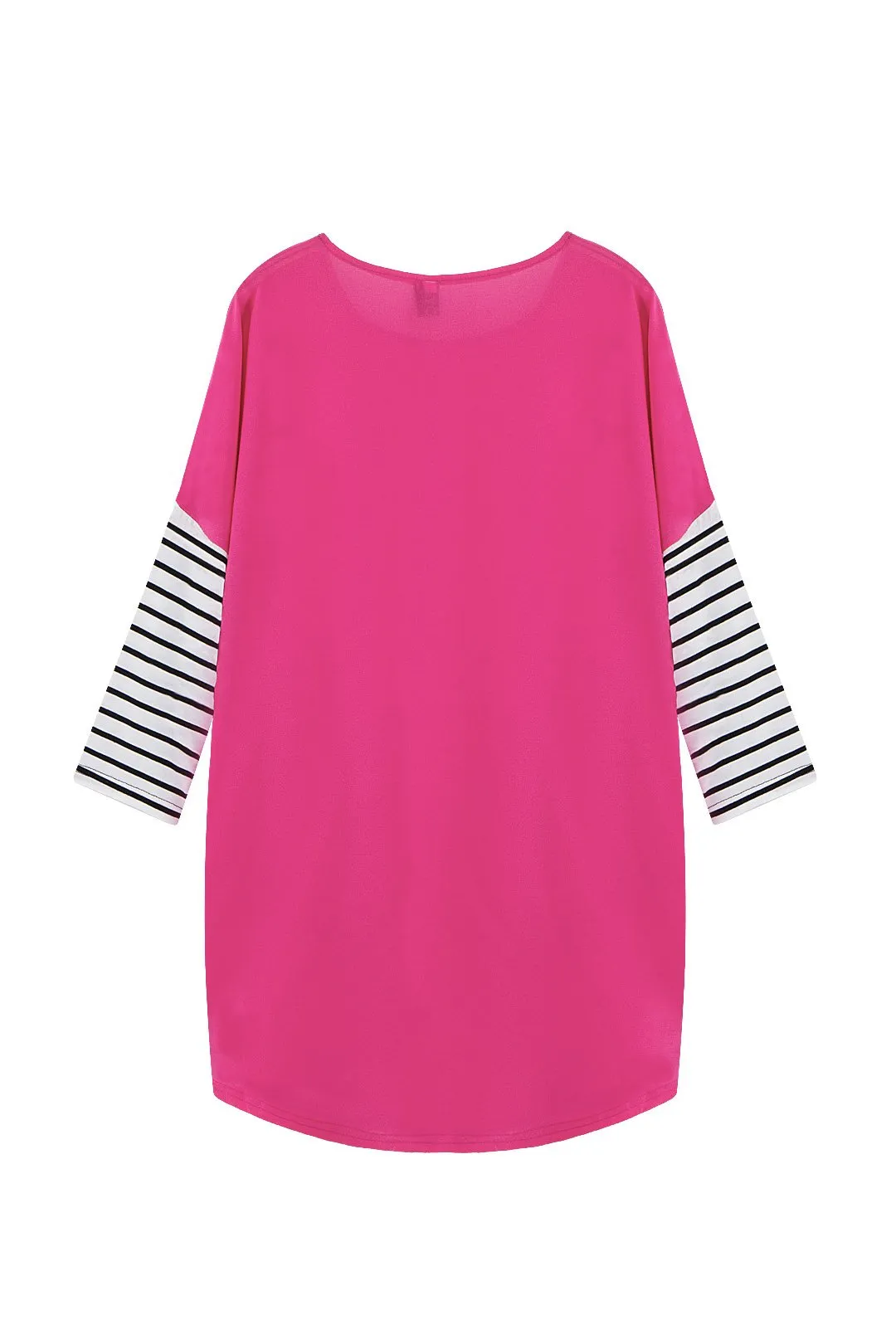 Custom Round Neck Stripe 3/4 Sleeve Irregular Hem Pink T-Shirts