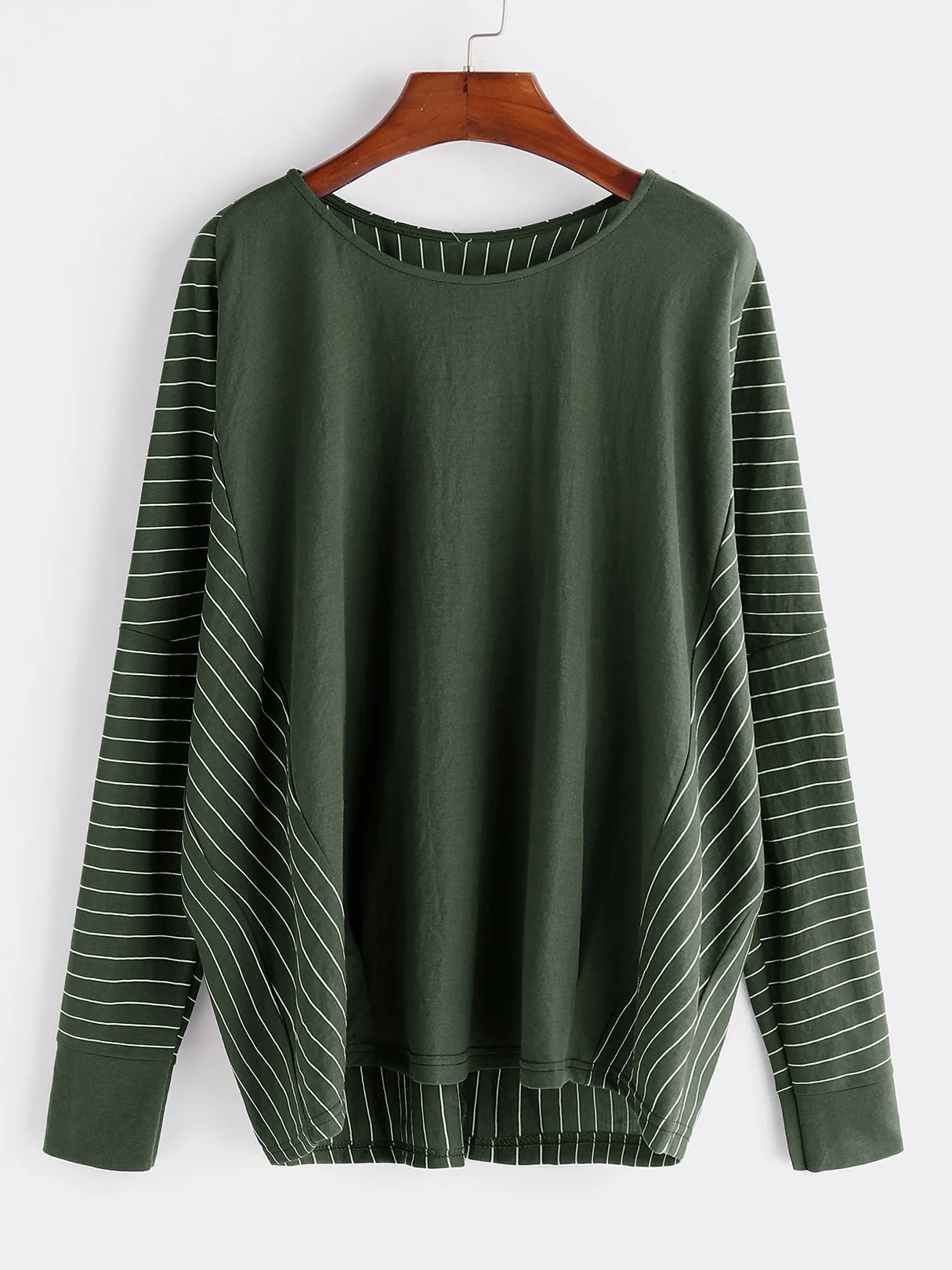 Custom Round Neck Stripe Long Sleeve Army Green T-Shirts