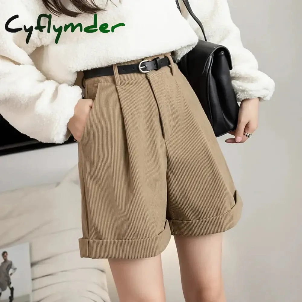 Cyflymder Retro High Waist Wide-leg Women Shorts 2024 New Autumn Winter Corduroy Casual Female Shorts Boyfriend Style Woman Shorts