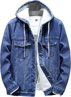 DGKaxiyaHM Men's Thicken Fleece Lined Denim Jacket Warm Sherpa Trucker Jean Coat Winter Hooded Casual Outerwear (4X-Large,Blue)