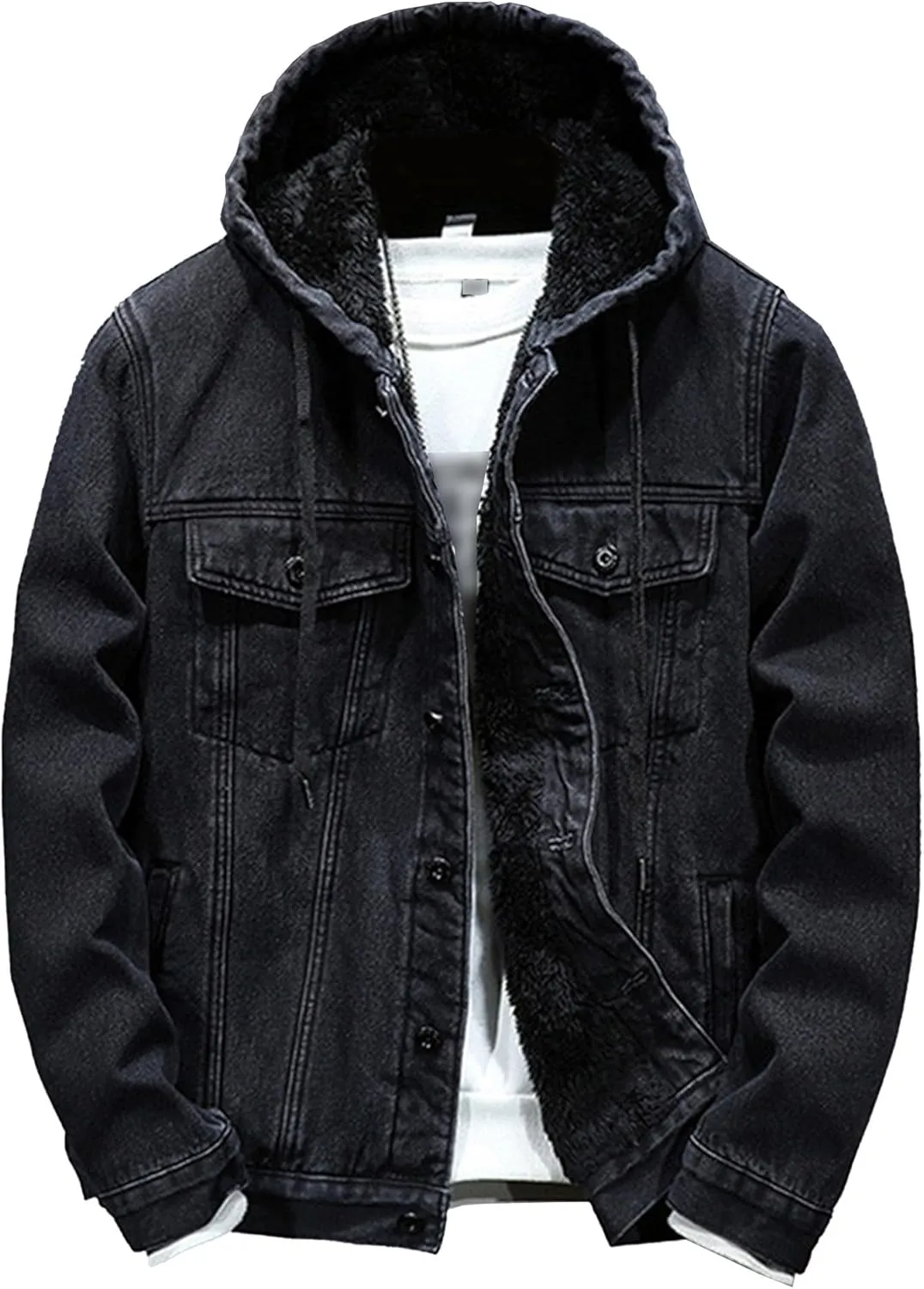 DGKaxiyaHM Men's Thicken Fleece Lined Denim Jacket Warm Sherpa Trucker Jean Coat Winter Hooded Casual Outerwear (XX-Large,Black)