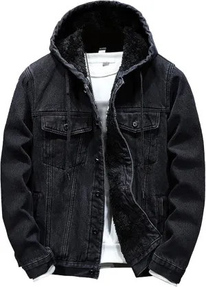 DGKaxiyaHM Men's Thicken Fleece Lined Denim Jacket Warm Sherpa Trucker Jean Coat Winter Hooded Casual Outerwear (XX-Large,Black)