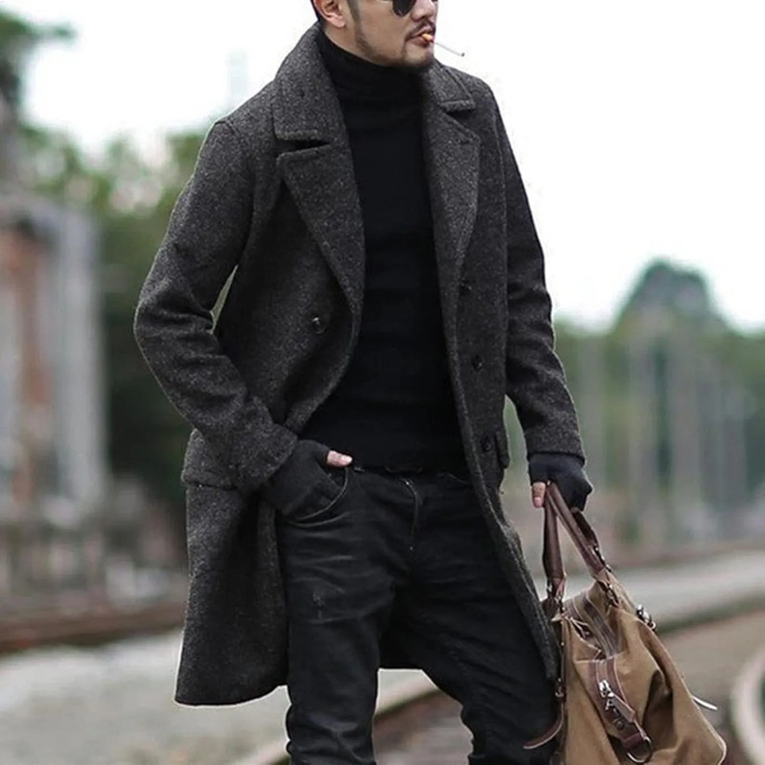 Dgoopd Men's Wool Blend Trench Coat Double Breasted Peacoat Notch Lapel Jacket Big and Tall Winter Coats Plus Size Overcoat
