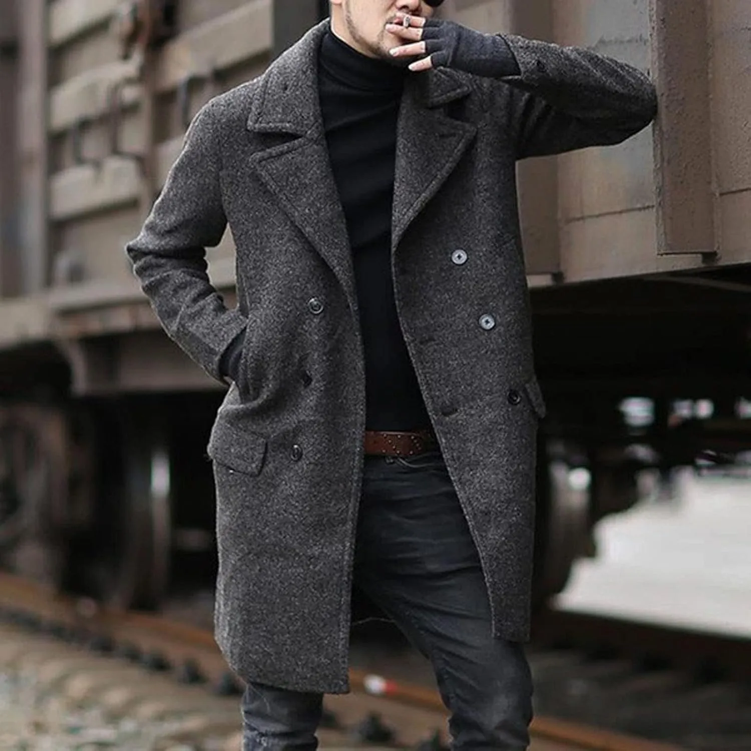 Dgoopd Men's Wool Blend Trench Coat Double Breasted Peacoat Notch Lapel Jacket Big and Tall Winter Coats Plus Size Overcoat
