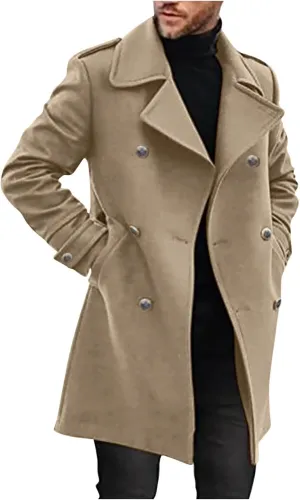 Dgoopd Men's Wool Blend Trench Coat Long Double Breasted Coat Vintage Peacoat Notch Lapel Jacket Casual Winter Coat