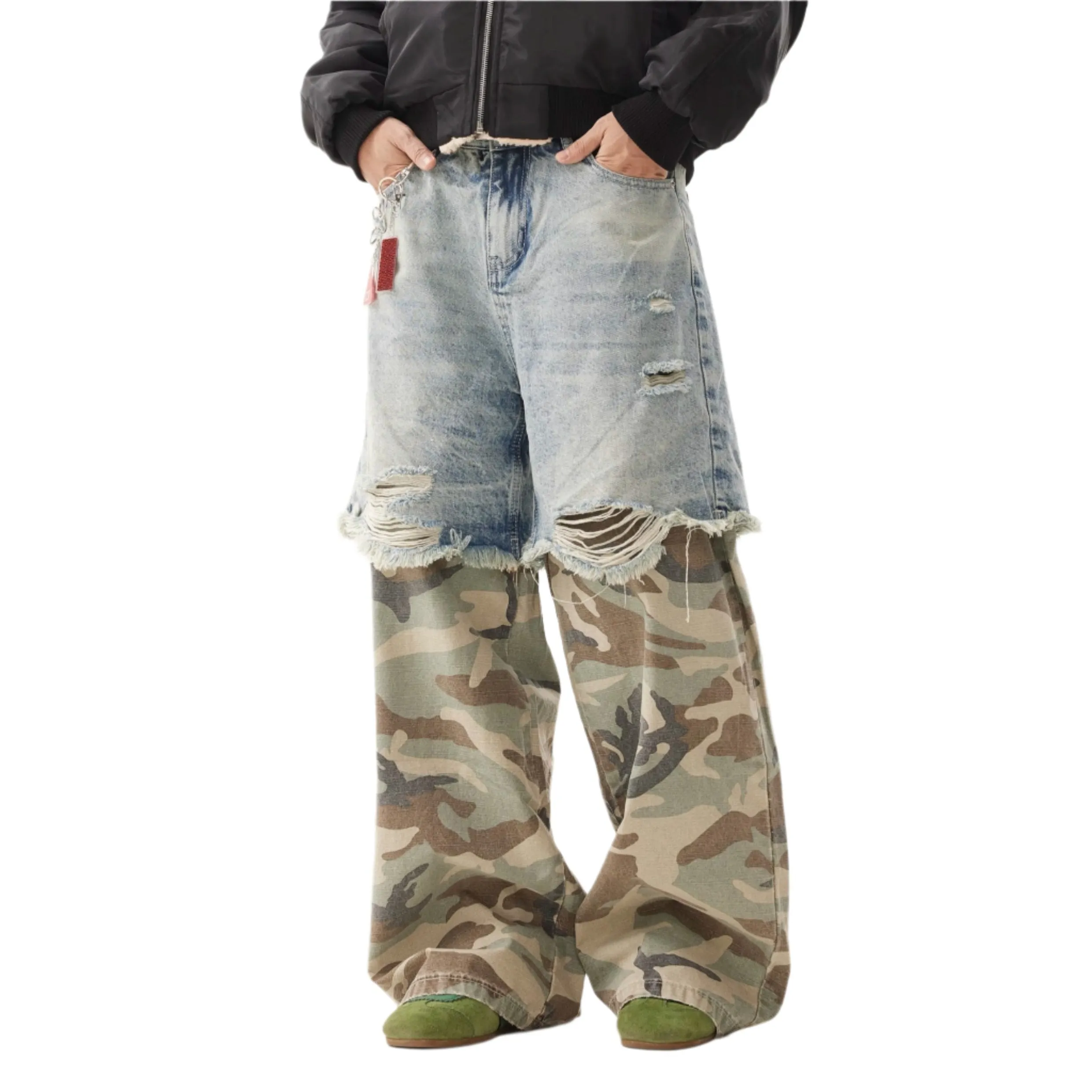 Distressed Camouflage Cargo Jeans