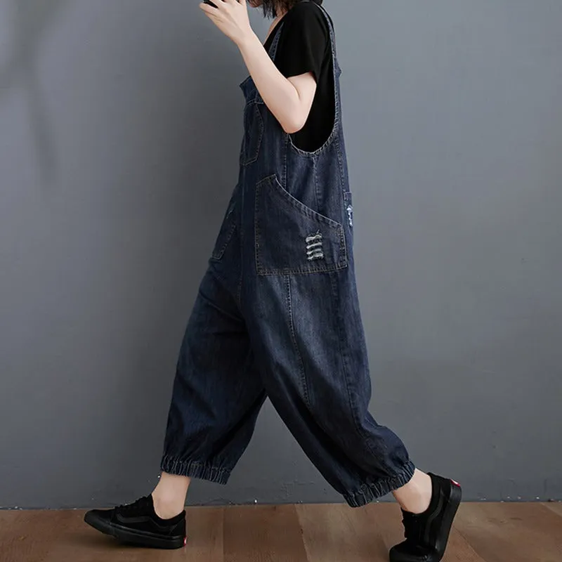 Distressed Washed Denim Harem Women's Jumpsuit