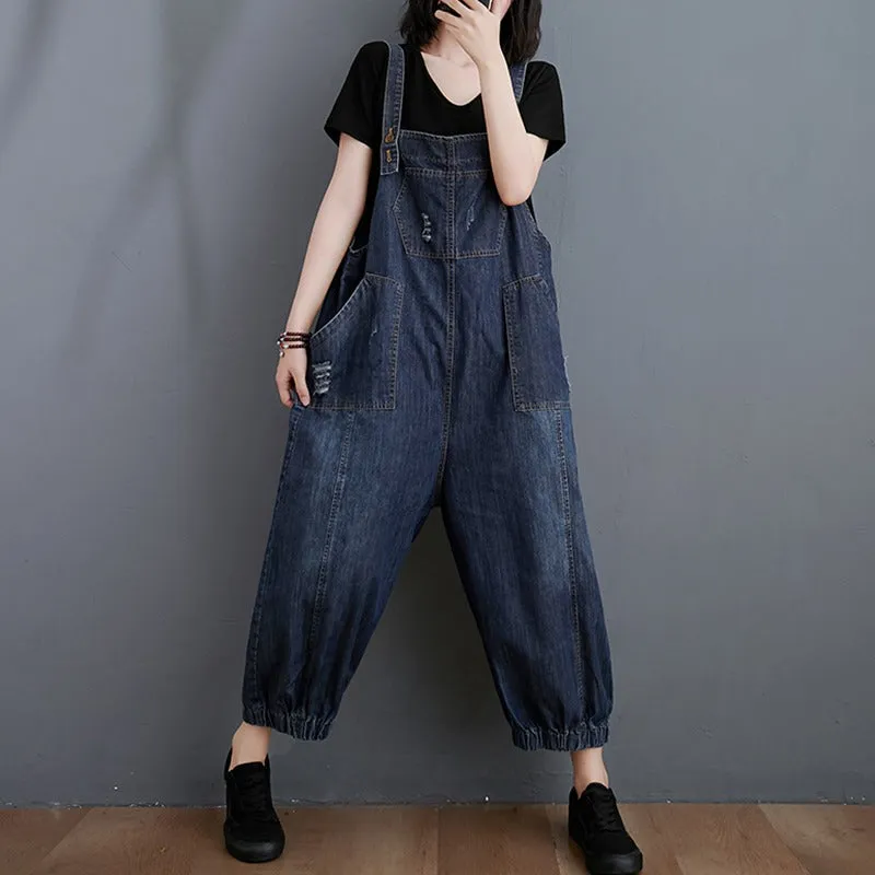 Distressed Washed Denim Harem Women's Jumpsuit