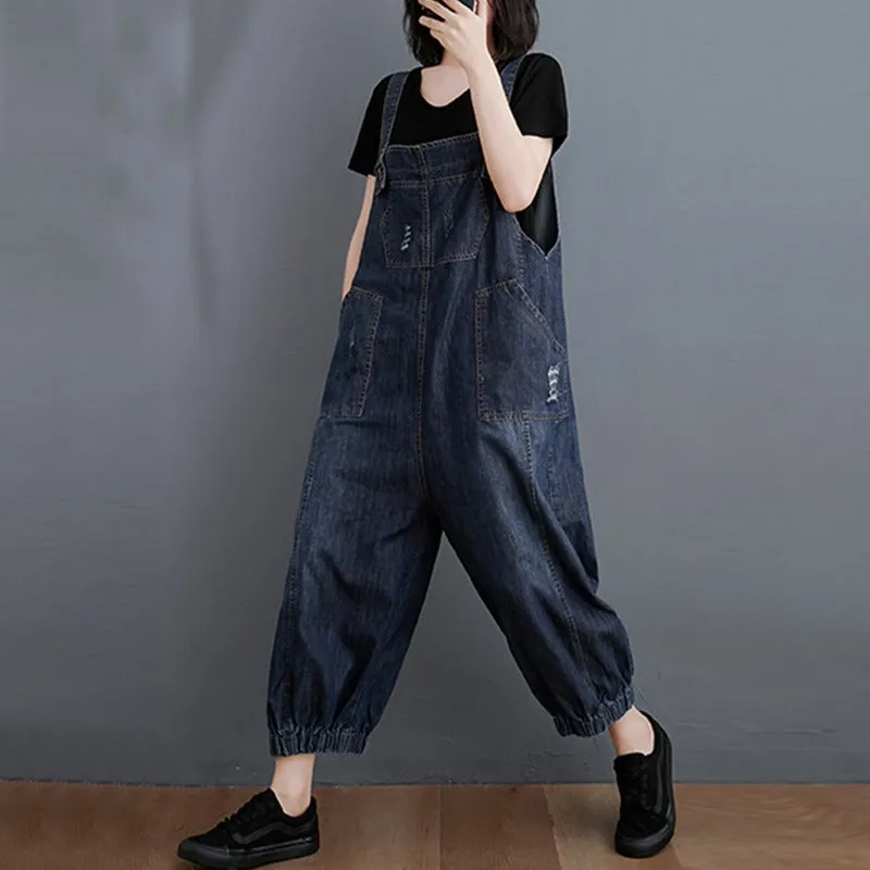 Distressed Washed Denim Harem Women's Jumpsuit