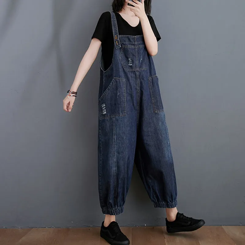 Distressed Washed Denim Harem Women's Jumpsuit