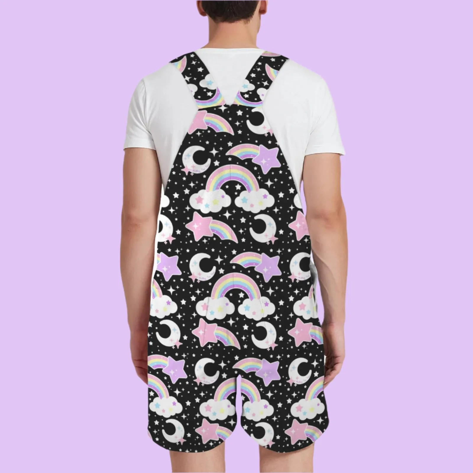 Dreamy Rainbow Black Unisex Shorts Overalls With Adjustable Straps And Pockets