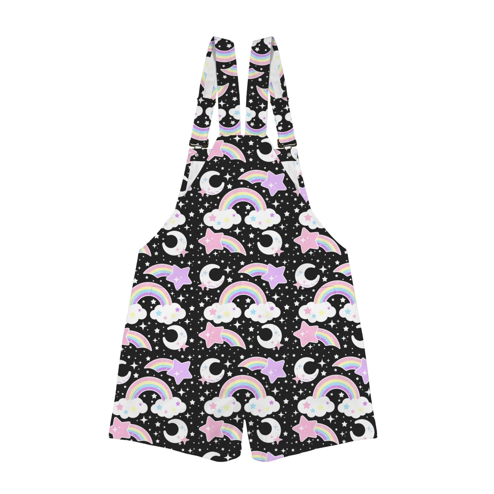 Dreamy Rainbow Black Unisex Shorts Overalls With Adjustable Straps And Pockets