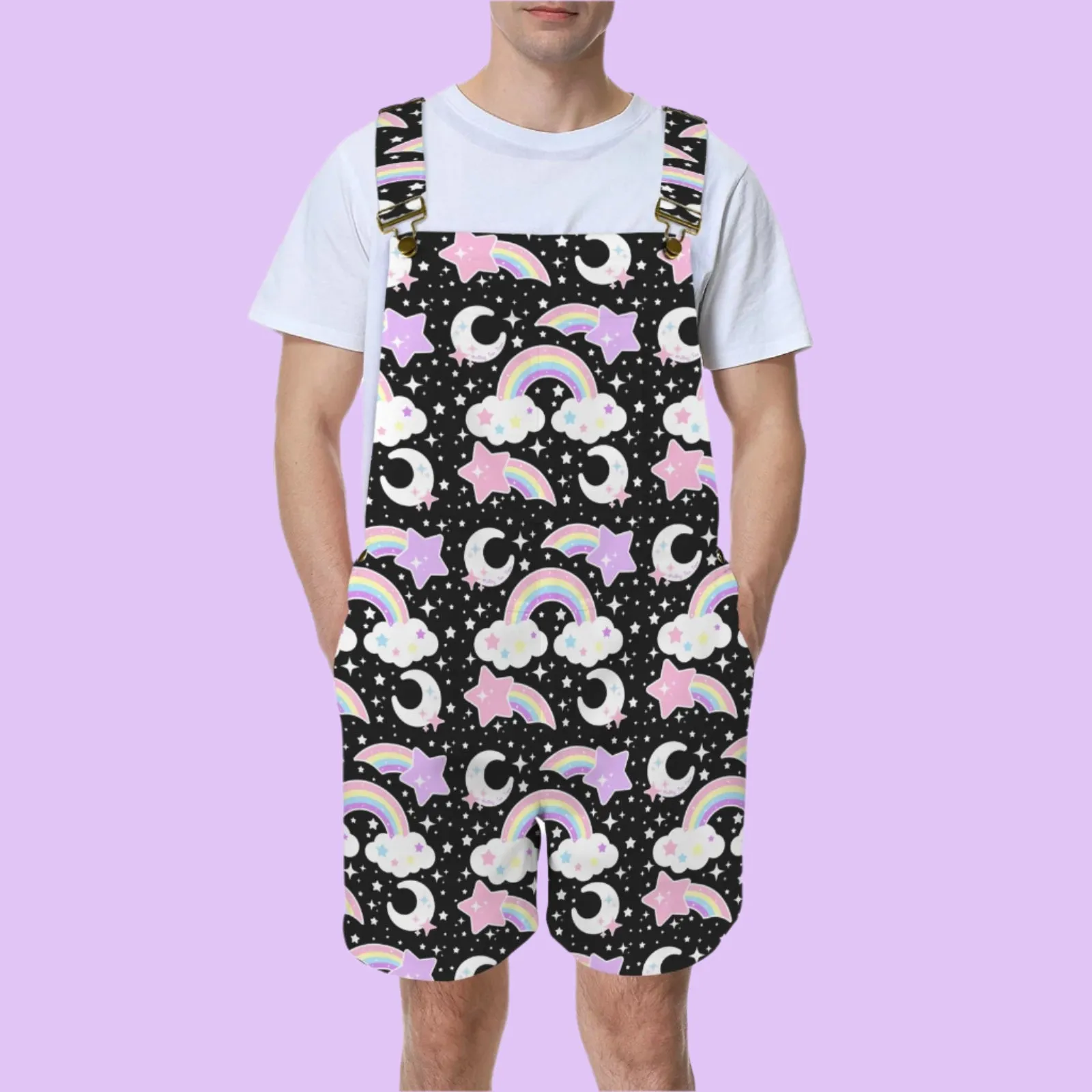 Dreamy Rainbow Black Unisex Shorts Overalls With Adjustable Straps And Pockets