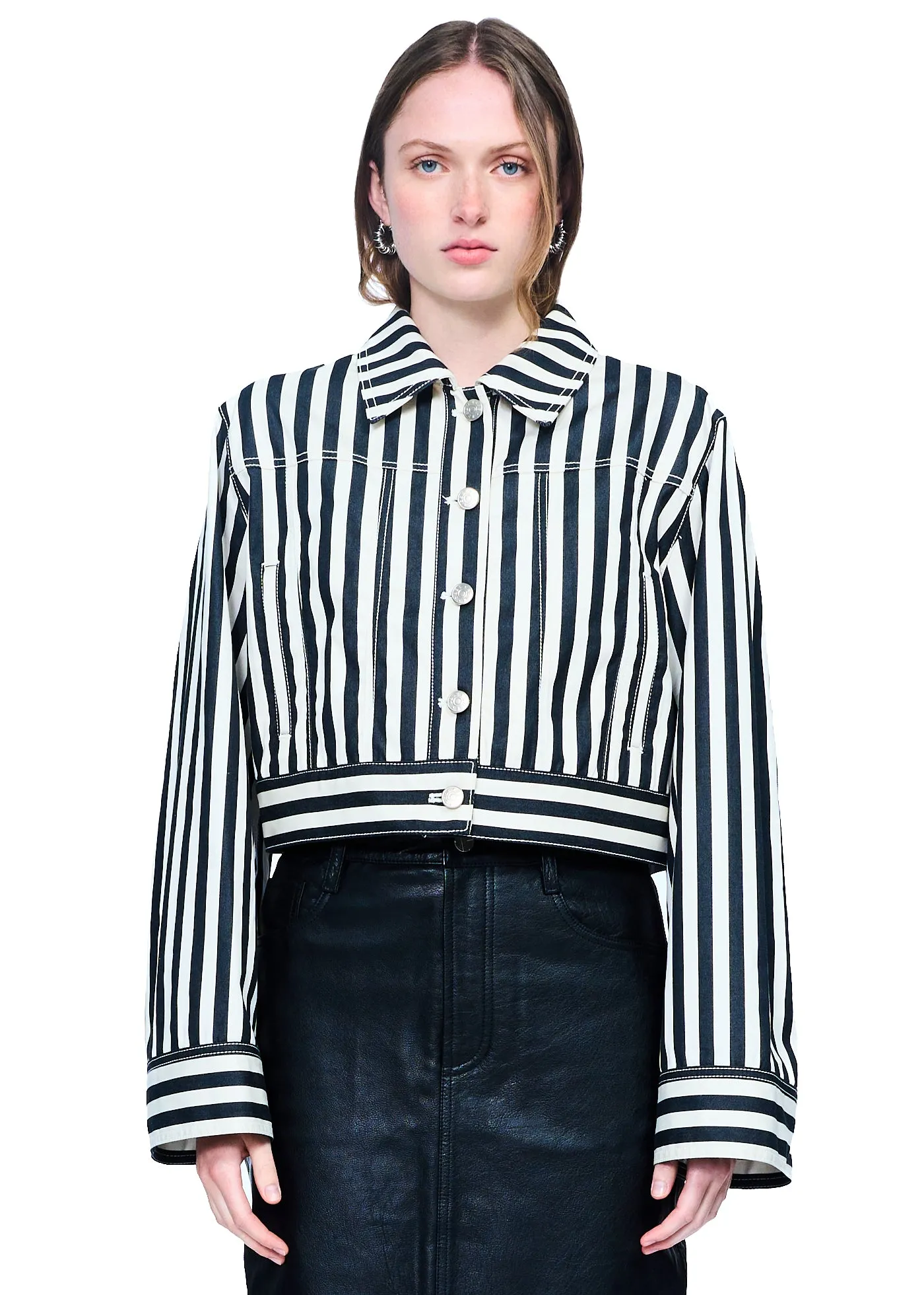 EENK Yini Cropped Denim Jacket in White Stripe