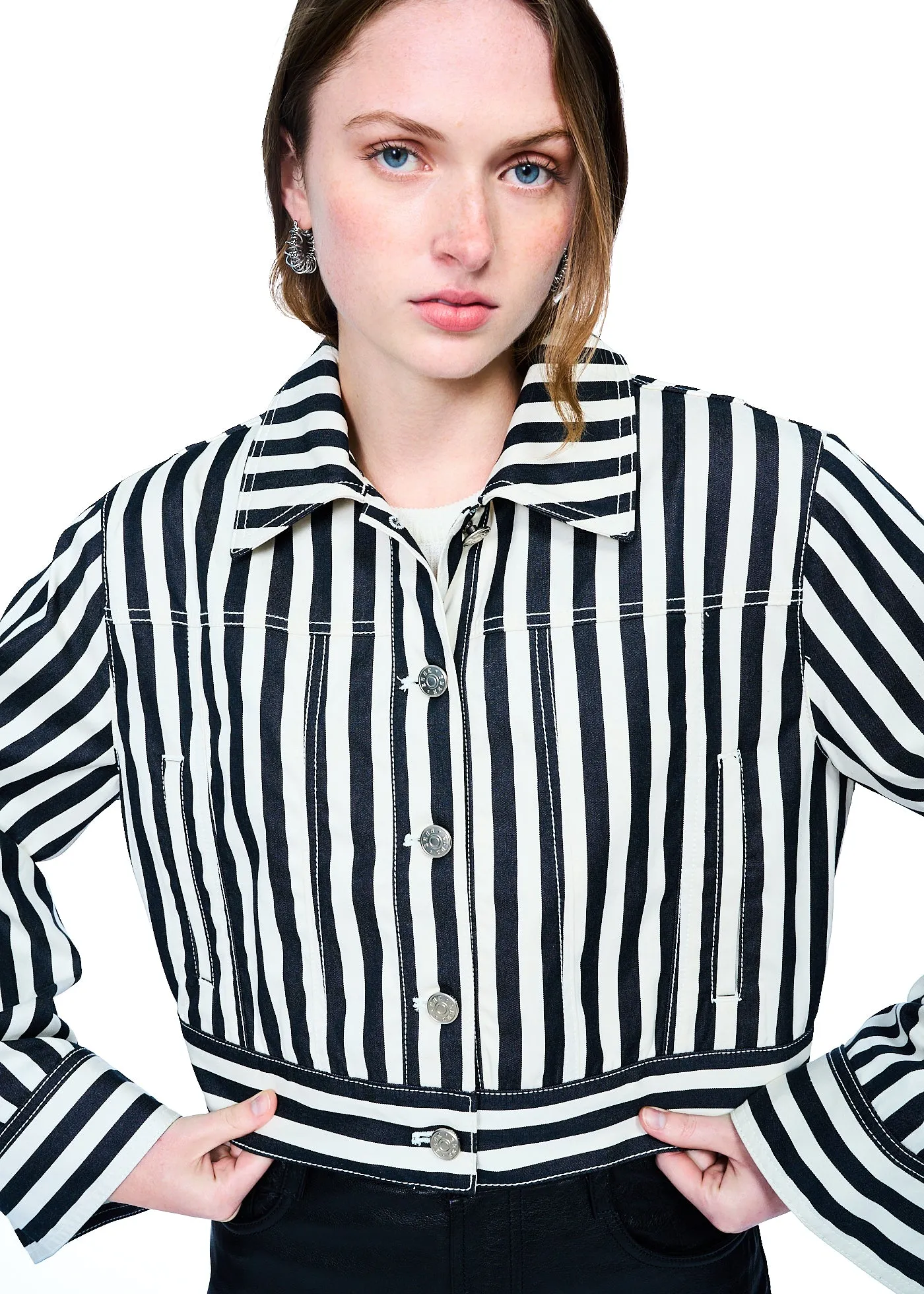 EENK Yini Cropped Denim Jacket in White Stripe