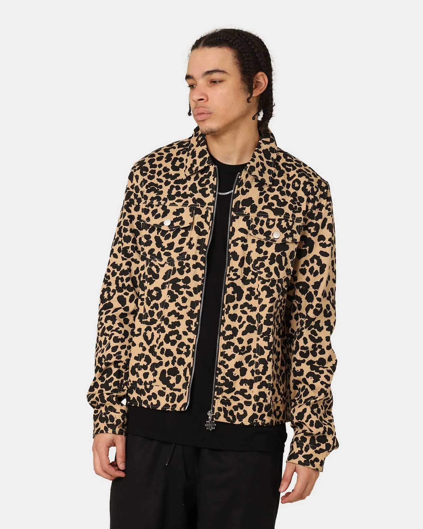 En Noir Inc Stipe Trucker Denim Jacket Leopard
