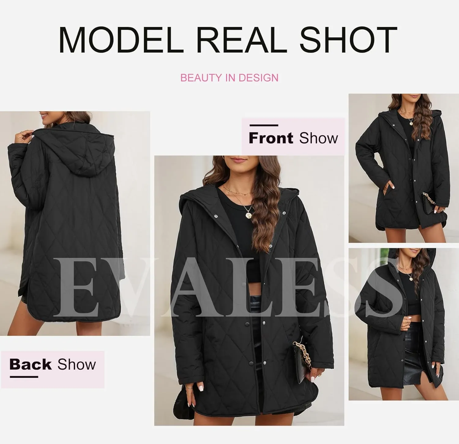 EVALESS Long Jackets for Women Fashion 2024 Winter Coat for Women Business Casual Diamond Quilted Hooded Lightweight Jackets