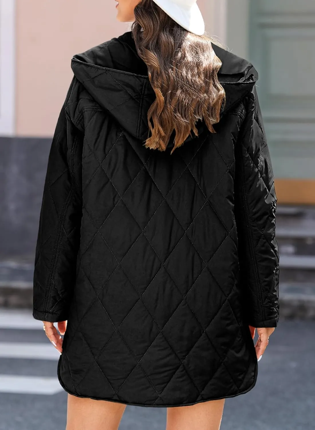 EVALESS Long Jackets for Women Fashion 2024 Winter Coat for Women Business Casual Diamond Quilted Hooded Lightweight Jackets