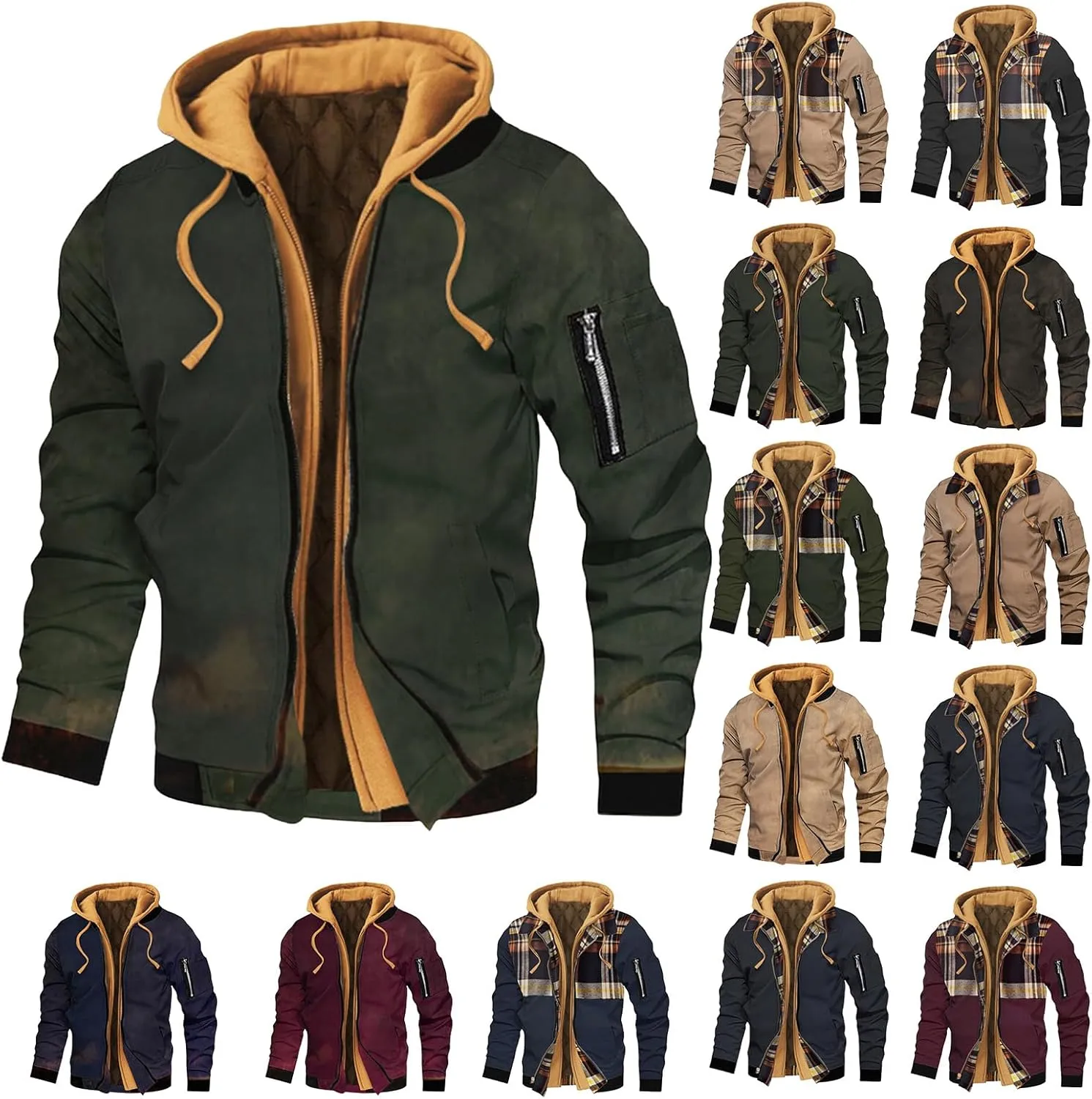 evzosrz Mens Flannel Hoodie Jacket Long Sleeve Plaid Shirts Jacket Zip Quilted Lined JacketsThermal Hooded Coats Outerwear