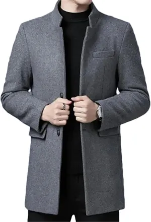 Fall Winter Wool Blends Coats Men Solid Color Stand Collar Casual Outerwear Trench Jacket