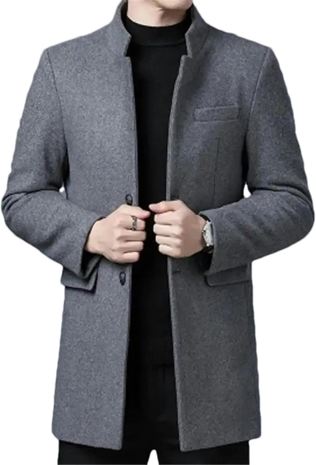 Fall Winter Wool Blends Coats Men Solid Color Stand Collar Casual Outerwear Trench Jacket