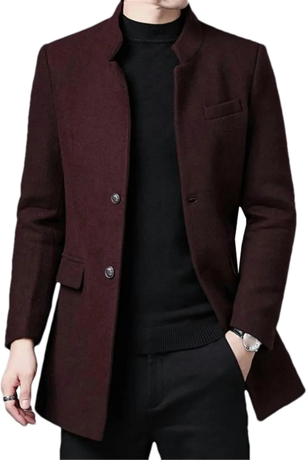Fall Winter Wool Blends Coats Men Solid Color Stand Collar Casual Outerwear Trench Jacket
