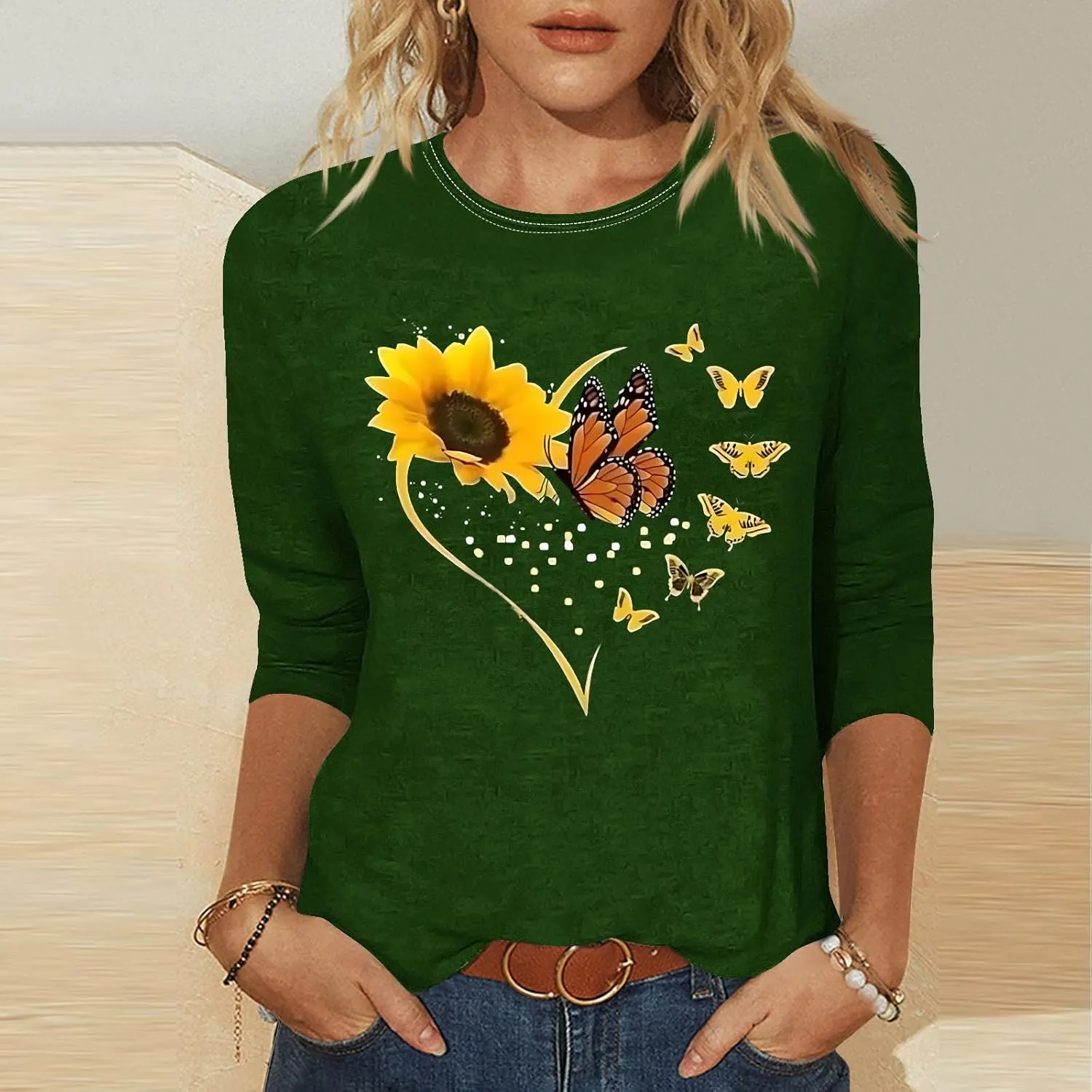 Fashion Women Tops Butterfly Floral Print 3/4 Sleeve Tshirt Casual Crew Neck Blouse Cute Summer Loose Fit Tunic