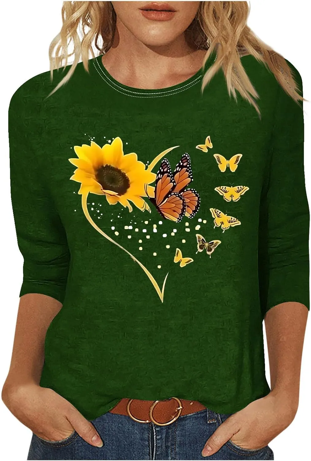 Fashion Women Tops Butterfly Floral Print 3/4 Sleeve Tshirt Casual Crew Neck Blouse Cute Summer Loose Fit Tunic