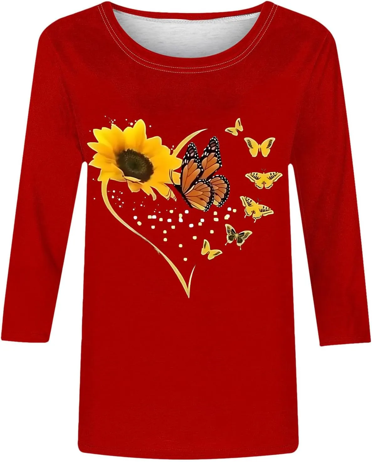 Fashion Women Tops Butterfly Floral Print 3/4 Sleeve Tshirt Casual Crew Neck Blouse Cute Summer Loose Fit Tunic