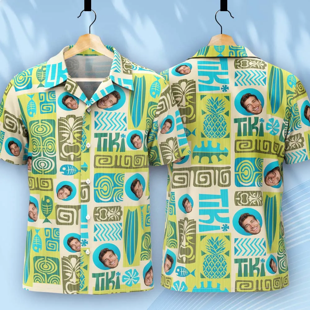 Father Custom Face With Exotic Tiki Pattern Personalized Photo Hawaiian Shirt