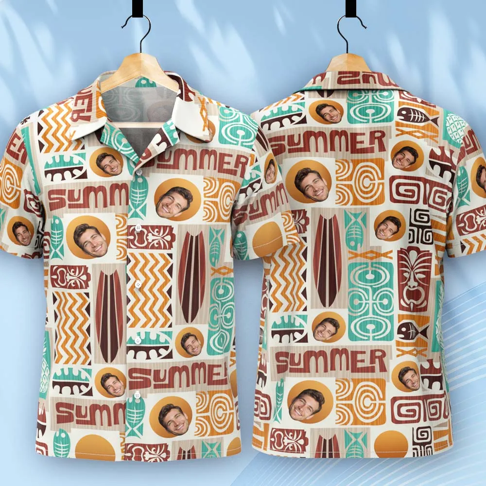 Father Custom Face With Exotic Tiki Pattern Personalized Photo Hawaiian Shirt