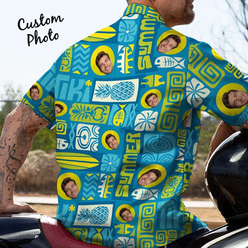 Father Custom Face With Exotic Tiki Pattern Personalized Photo Hawaiian Shirt
