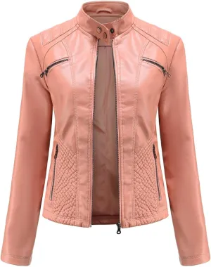 Faux Leather Jacket Women Motorcycle Zipper Bike Coat Long Sleeve Quilted Moto Outwear Slim Fit Fashion Fall Jackets