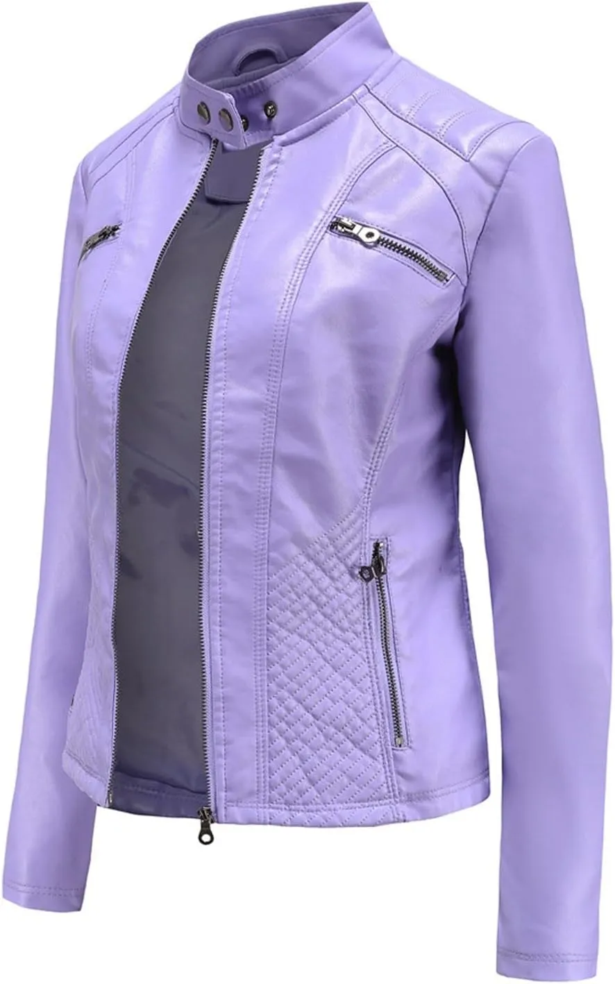 Faux Leather Jacket Women Motorcycle Zipper Bike Coat Long Sleeve Quilted Moto Outwear Slim Fit Fashion Fall Jackets